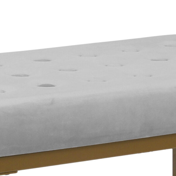 Metal Framed Ottoman with Button Tufted Velvet Upholstered Seat, Light Gray and Gold