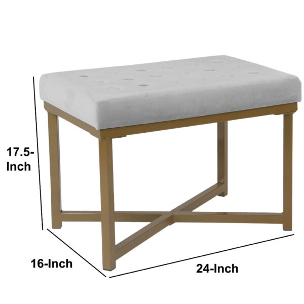 Metal Framed Ottoman with Button Tufted Velvet Upholstered Seat, Light Gray and Gold