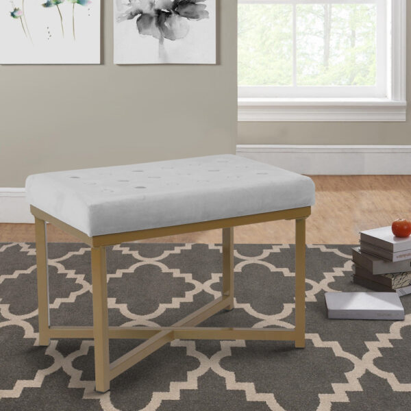 Metal Framed Ottoman with Button Tufted Velvet Upholstered Seat, Light Gray and Gold
