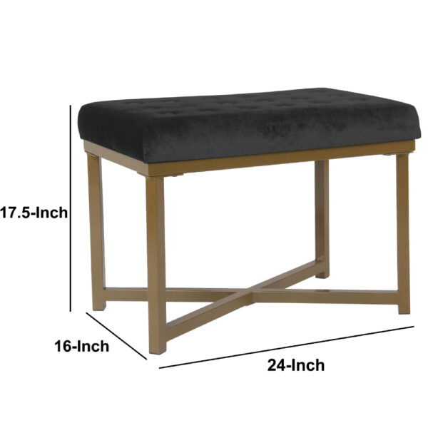 Metal Framed Ottoman with Button Tufted Velvet Upholstered Seat, Black and Gold
