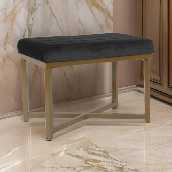 Metal Framed Ottoman with Button Tufted Velvet Upholstered Seat, Black and Gold