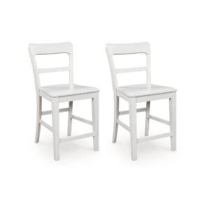 Gela Counter Stool Chair Set of 2, Stylized Ladder Back, Plank Seat, White