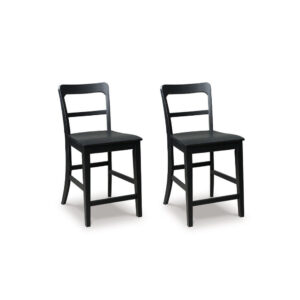 Gela Counter Stool Chair Set of 2, Stylized Ladder Back, Plank Seat, Black