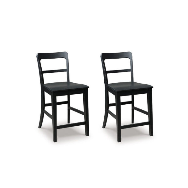 Gela Counter Stool Chair Set of 2, Stylized Ladder Back, Plank Seat, Black