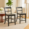 Gela Counter Stool Chair Set of 2, Stylized Ladder Back, Plank Seat, Black