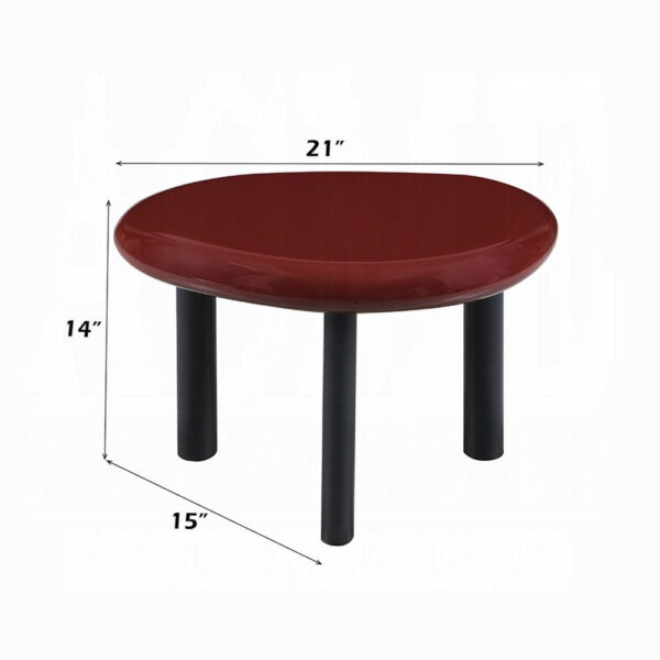 Endy End Table, 21 Inch Asymmetric Red High Gloss, 3 Round Metal Legs