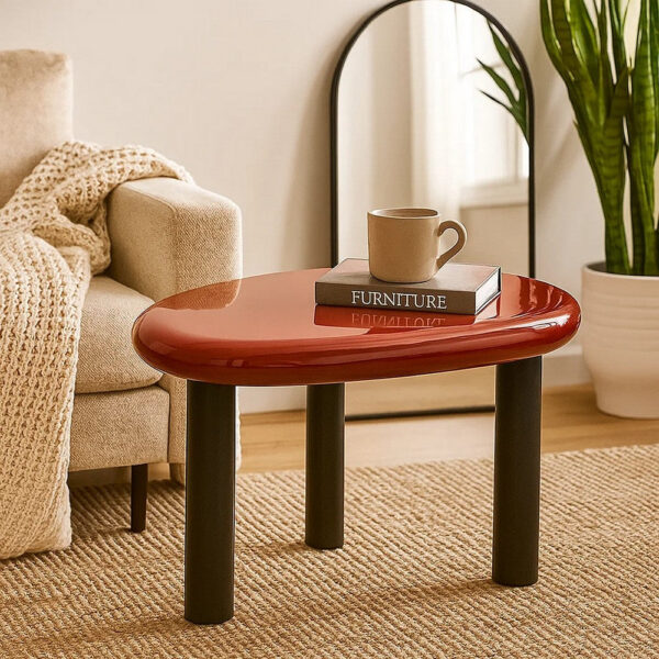 Endy End Table, 21 Inch Asymmetric Red High Gloss, 3 Round Metal Legs