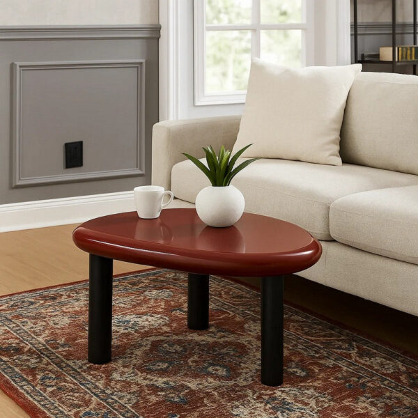 Endy End Table, 21 Inch Asymmetric Red High Gloss, 3 Round Metal Legs