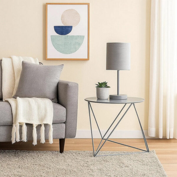 Accent Table with Open Geometric Base and Round Top, Gray