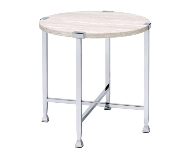 End Table with X Shaped Metal Base and Round Wooden Top,Silver and Beige