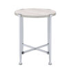 End Table with X Shaped Metal Base and Round Wooden Top,Silver and Beige