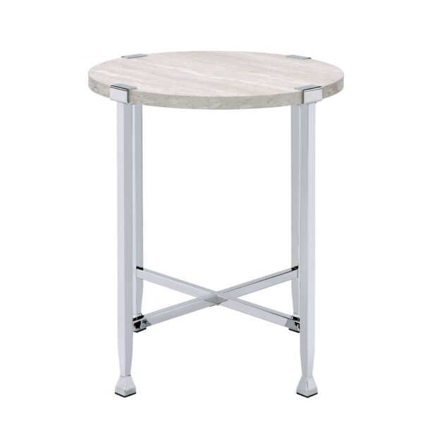 End Table with X Shaped Metal Base and Round Wooden Top,Silver and Beige