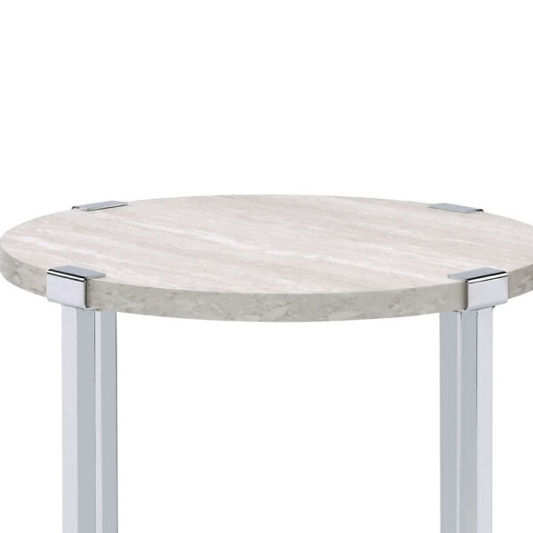 End Table with X Shaped Metal Base and Round Wooden Top,Silver and Beige