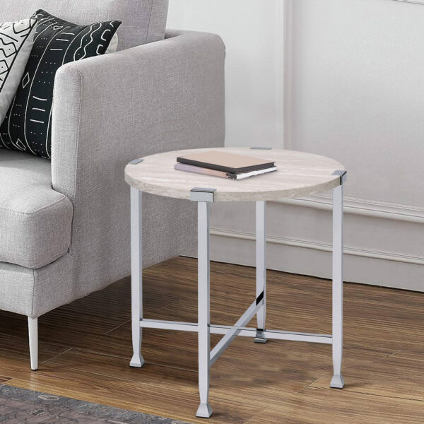 End Table with X Shaped Metal Base and Round Wooden Top,Silver and Beige