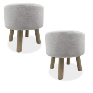 Ginni Footstool Ottoman Set of 2, White Polyester, Soft Seat, Wood Legs
