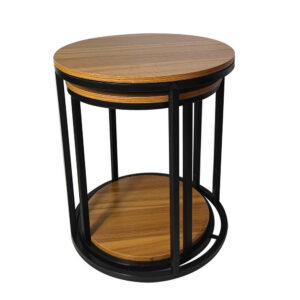 Molly Nesting Table Set of 2, Round Brown Solid Wood Top, Black Metal Frame
