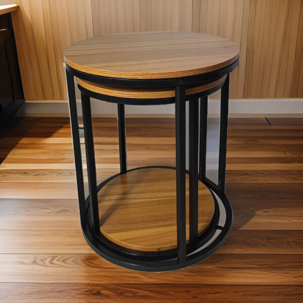 Molly Nesting Table Set of 2, Round Brown Solid Wood Top, Black Metal Frame