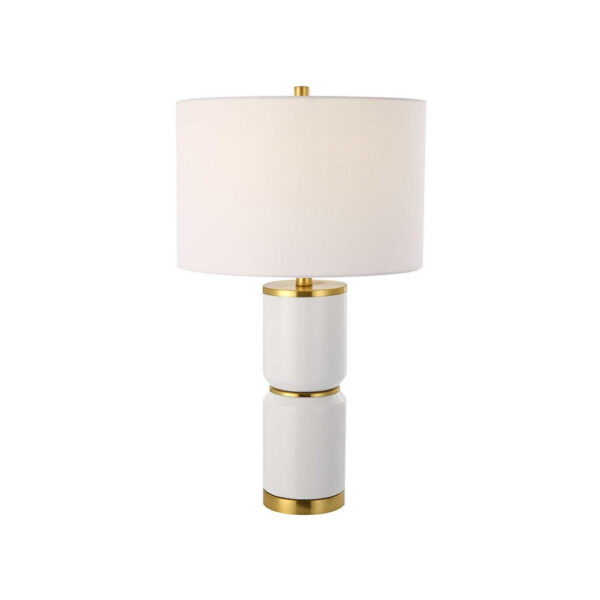 Table Lamp, Linen Drum Shade, Gold Accent White Ceramic Base, 26 Inch