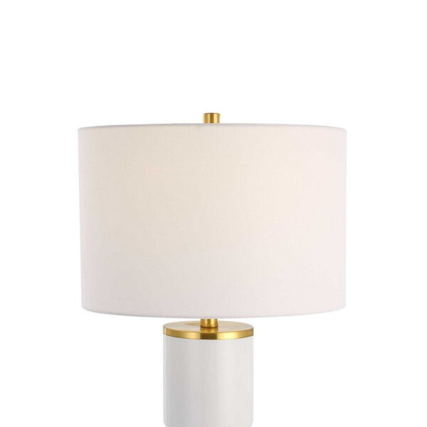 Table Lamp, Linen Drum Shade, Gold Accent White Ceramic Base, 26 Inch