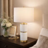 Table Lamp, Linen Drum Shade, Gold Accent White Ceramic Base, 26 Inch
