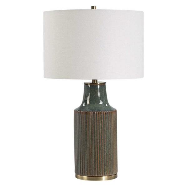 Table Lamp, White Linen Shade, Ribbed Ceramic Base, Blue Green 27 Inch