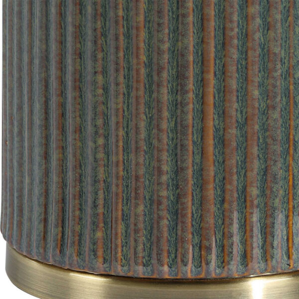 Table Lamp, White Linen Shade, Ribbed Ceramic Base, Blue Green 27 Inch