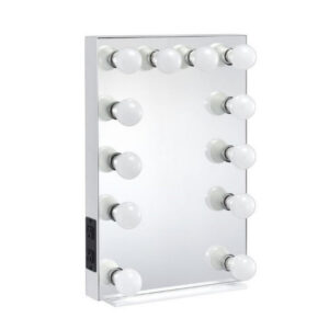 24 Inch Modern Lighted Mirror, 2 Power Outlets, 12 Bulb Sockets, White