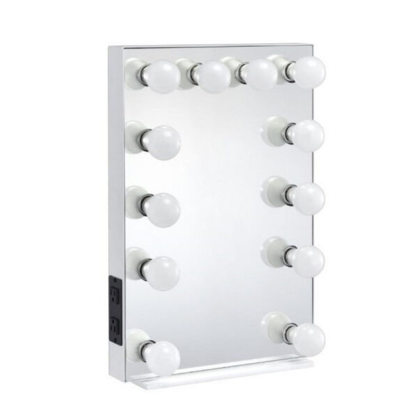 24 Inch Modern Lighted Mirror, 2 Power Outlets, 12 Bulb Sockets, White