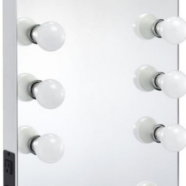 24 Inch Modern Lighted Mirror, 2 Power Outlets, 12 Bulb Sockets, White
