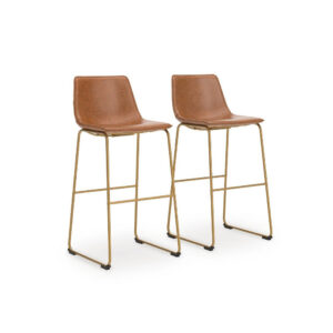 Cia Tall Barstool Chair Set of 2, Bucket Faux Leather Seat, Gold Legs