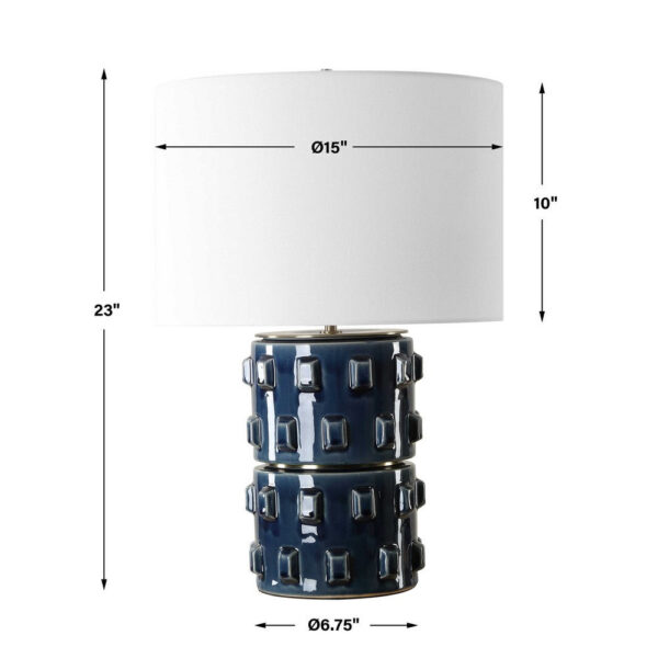 Table Lamp, 3D Raised Block Patterns, White Linen Shade, Blue 23 Inch