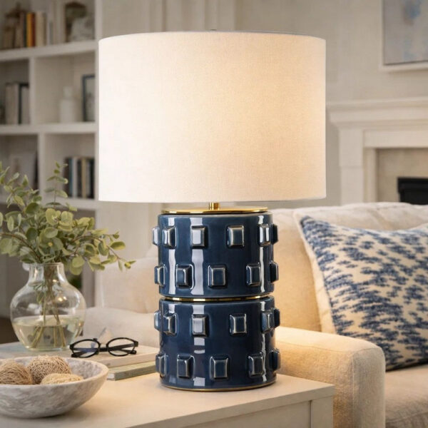 Table Lamp, 3D Raised Block Patterns, White Linen Shade, Blue 23 Inch