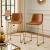 Cia Counter Height Chair Set of 2, Bucket Faux Leather Seat, Gold Legs