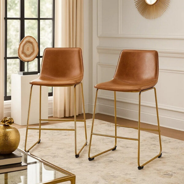 Cia Counter Height Chair Set of 2, Bucket Faux Leather Seat, Gold Legs