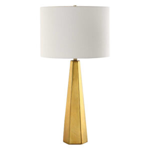Table Lamp, White Linen Shade, Gold Ceramic Geometric Base, 28 Inch