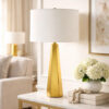 Table Lamp, White Linen Shade, Gold Ceramic Geometric Base, 28 Inch