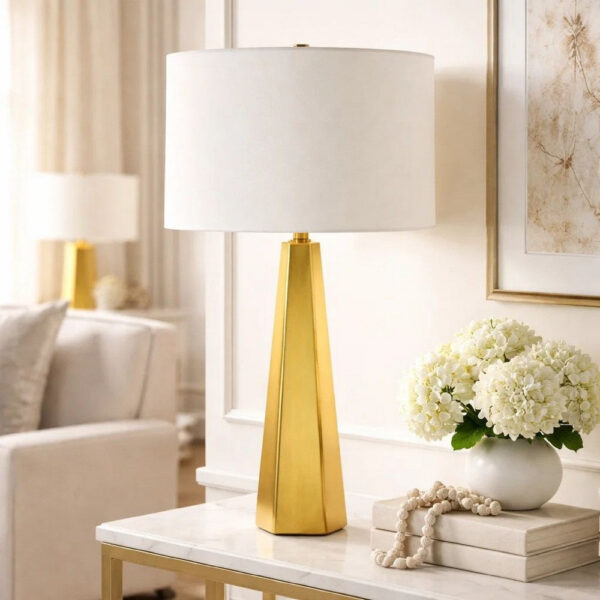 Table Lamp, White Linen Shade, Gold Ceramic Geometric Base, 28 Inch