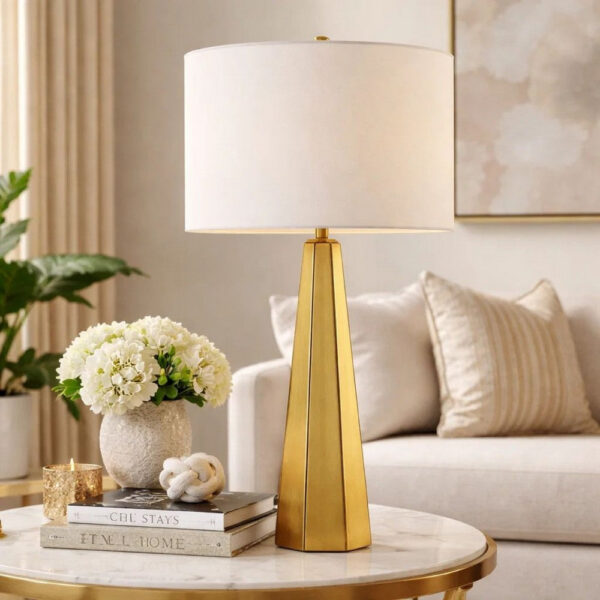 Table Lamp, White Linen Shade, Gold Ceramic Geometric Base, 28 Inch