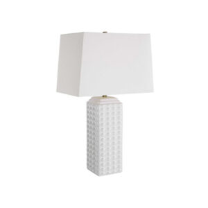Table Lamp, Linen Shade, 3D Diamond Knob Gloss White Ceramic, 25 Inch