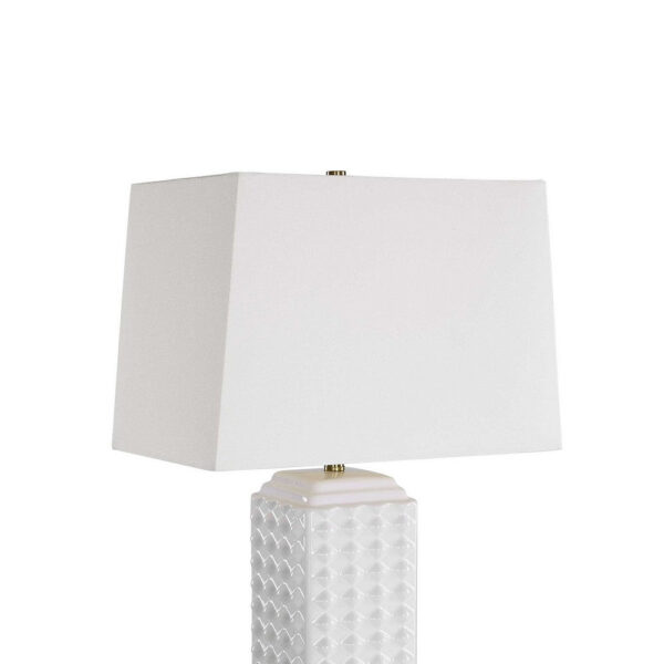 Table Lamp, Linen Shade, 3D Diamond Knob Gloss White Ceramic, 25 Inch
