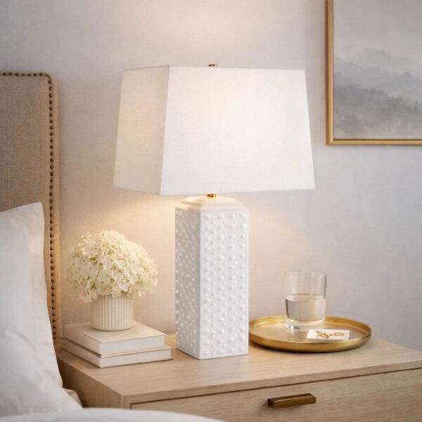 Table Lamp, Linen Shade, 3D Diamond Knob Gloss White Ceramic, 25 Inch