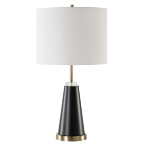 Gek Table Lamp, Off White Linen Shade, Black Tapered Base, 28 Inch
