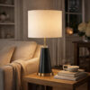 Gek Table Lamp, Off White Linen Shade, Black Tapered Base, 28 Inch