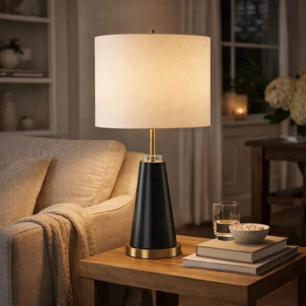 Gek Table Lamp, Off White Linen Shade, Black Tapered Base, 28 Inch