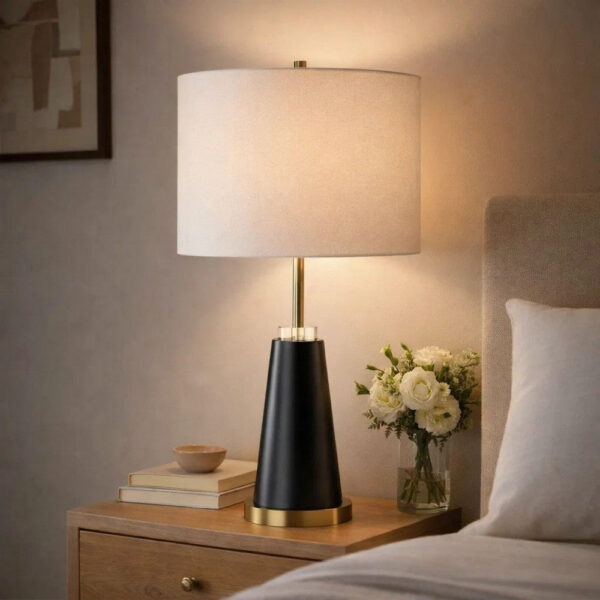Gek Table Lamp, Off White Linen Shade, Black Tapered Base, 28 Inch