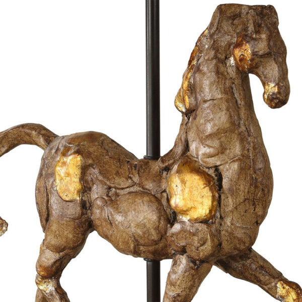 Horse Sculpture Table Lamp, Beige Linen Shade, 29 Inch Black Iron
