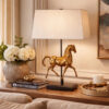 Horse Sculpture Table Lamp, Beige Linen Shade, 29 Inch Black Iron