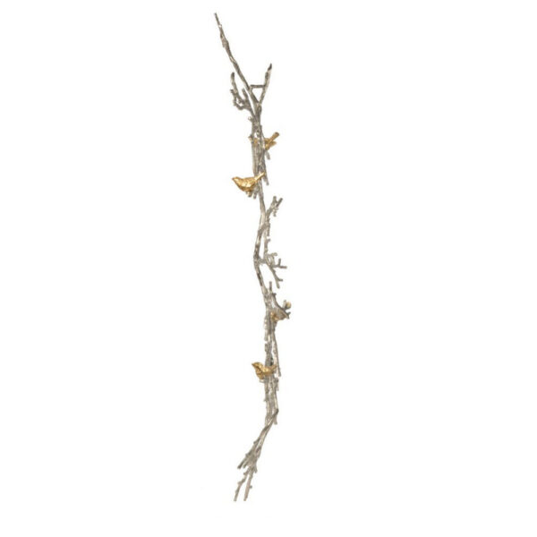 Branch Shape Aluminum Wall Decor with Gold Accented Four Birds, Silver