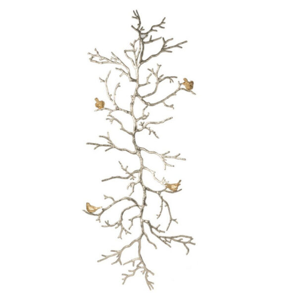 Branch Shape Aluminum Wall Decor with Gold Accented Four Birds, Silver