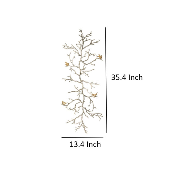 Branch Shape Aluminum Wall Decor with Gold Accented Four Birds, Silver